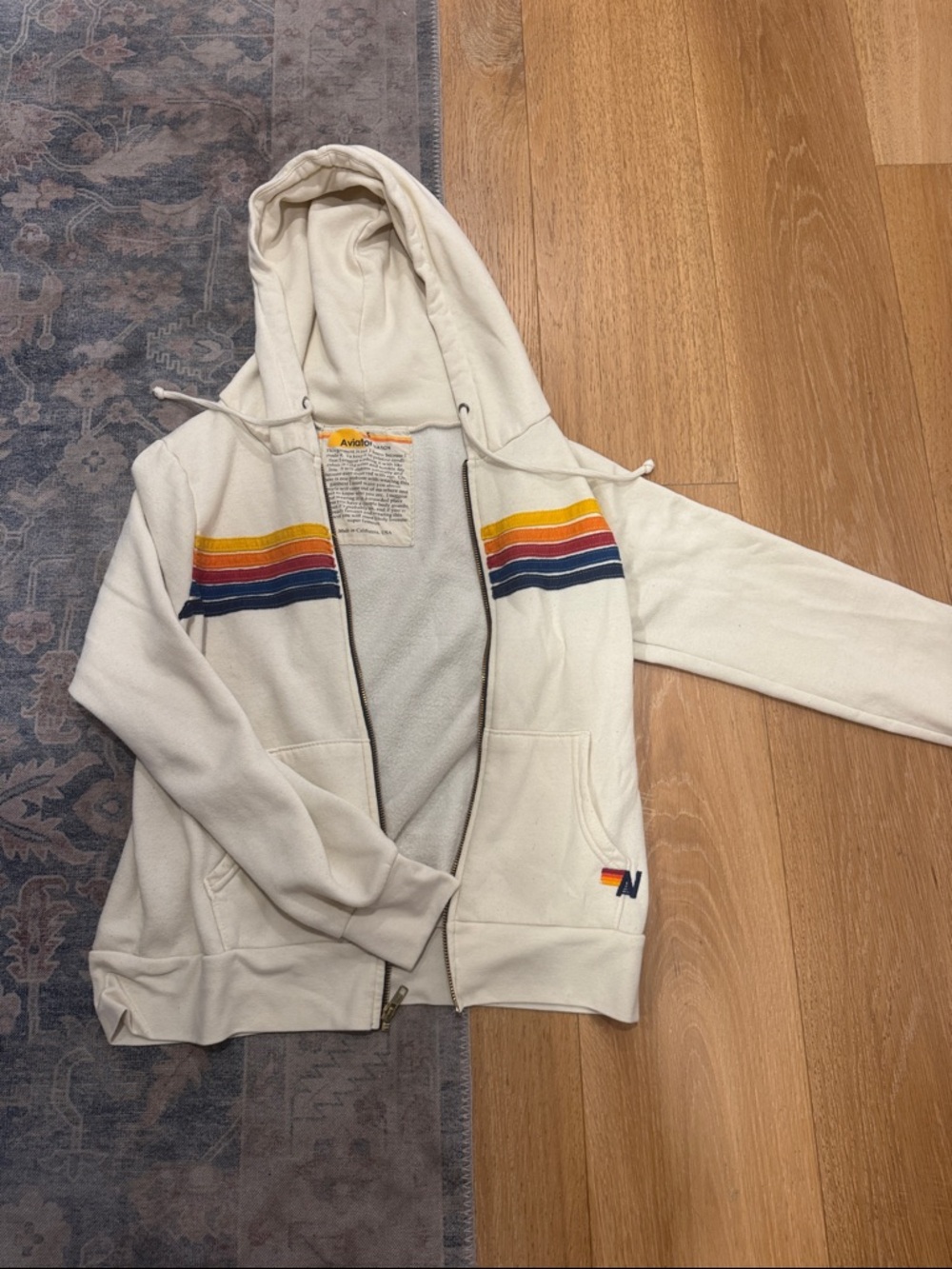 Aviator Nation Cream Zip Hoodie with Yellow, Orange & Navy Stripes